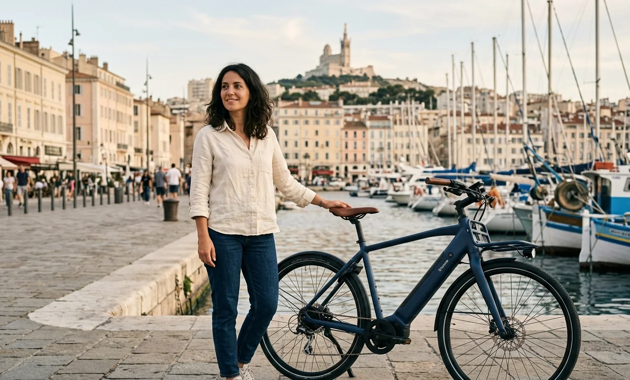 Cycliste avec un IAvarone City Comfort sur le Vieux-Port de Marseille au coucher du soleil