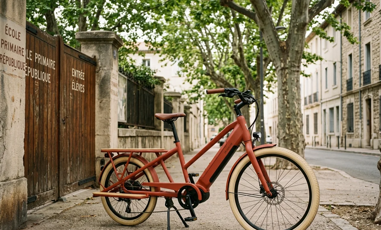 IAvarone Famiglia Cargo — vélo cargo longtail terracotta devant école française