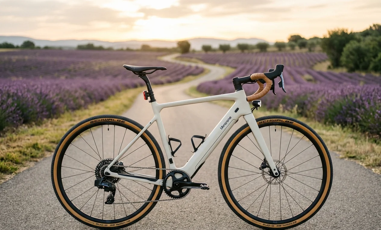 IAvarone Strada GT — vélo électrique gravel route blanc cassé devant champ de lavande