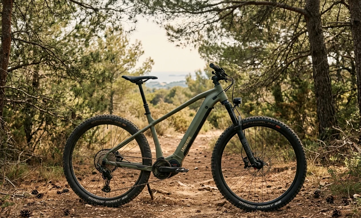 IAvarone Trail Pro — VTT électrique vert olive sur sentier provençal